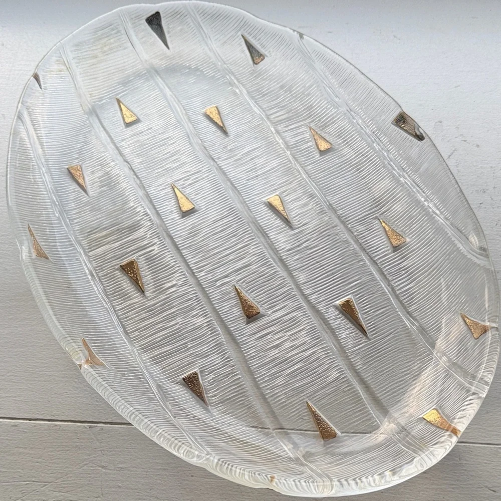 Clear Oval Glass Serving Platter with Gold Triangle Accents